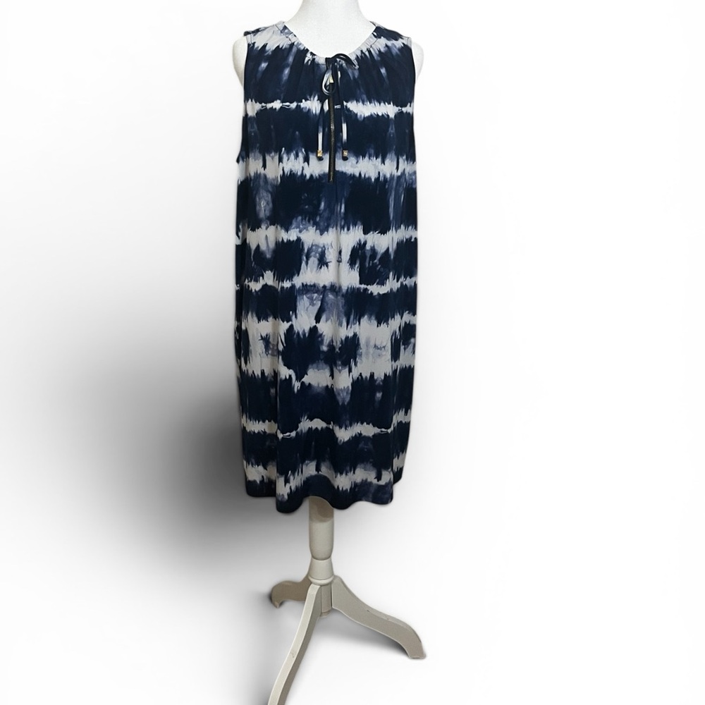 Michael Kors Navy and White Tie-Dye Sleeveless Shift Dress